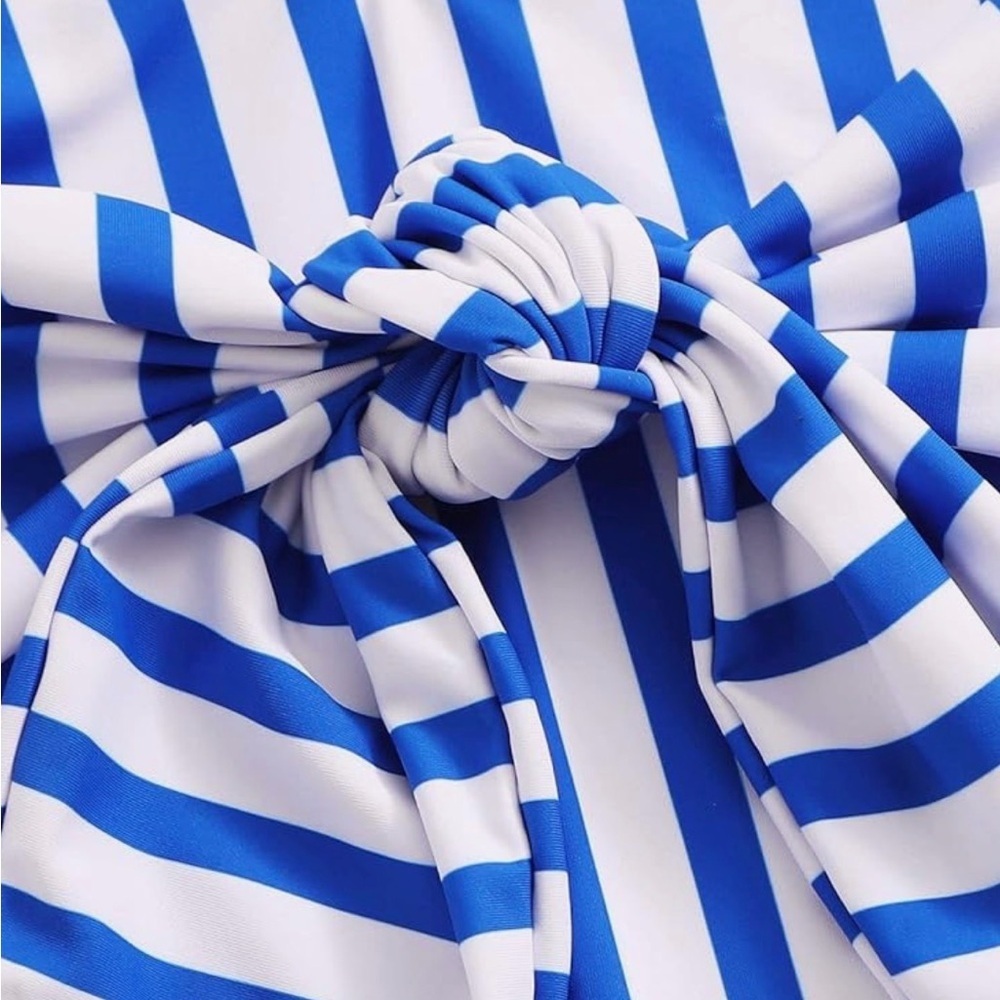Sweatyrocks Women’s Blue and White Striped Swimsuit Strapless - Picture 3 of 5